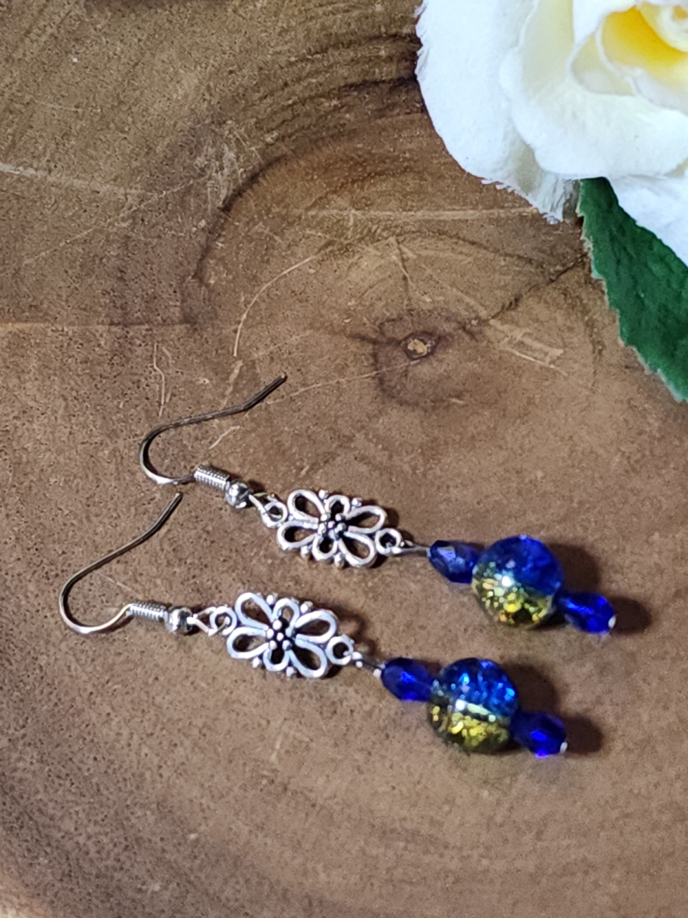 Blue and Golden Crackled Glass Beaded Dangle Earrings